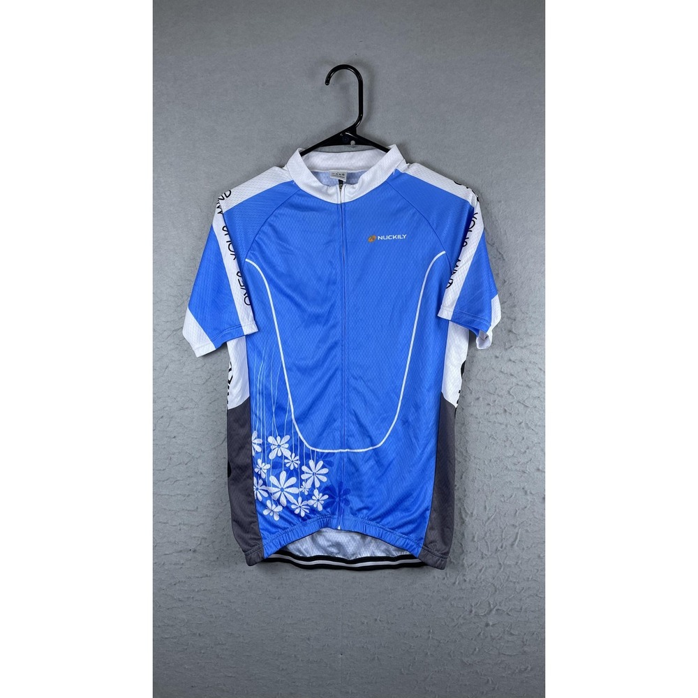 Nuckily Cycling Jersey Womens Large Blue Floral Full Zip Short Sleeve Bike Shirt
